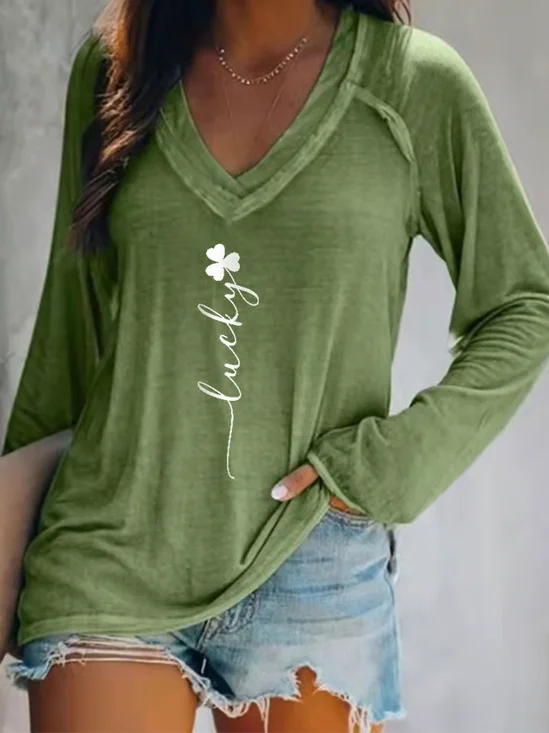 Women's Text Letters Long Sleeve Blouse_ Spring/Fall Printing V Neck Daily Casual Top