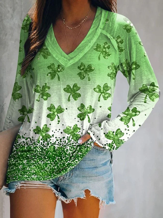 Women's Long Sleeve Blouse Spring/Fall Shamrock St. Patrick's Day Floral V Neck Daily Going Out Casual Top