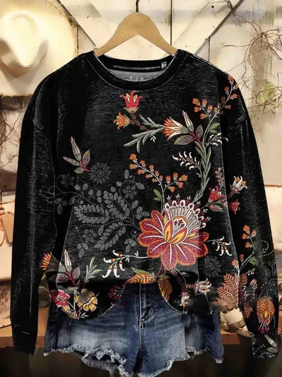 Women's Crew Neck Floral Printing Casual Spring/Fall Long Sleeve Sweatshirt