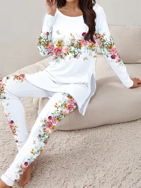 Women's Printing Floral Daily Going Out Two Piece Set Long Sleeve Casual Spring/Fall Top With Pants Matching Set