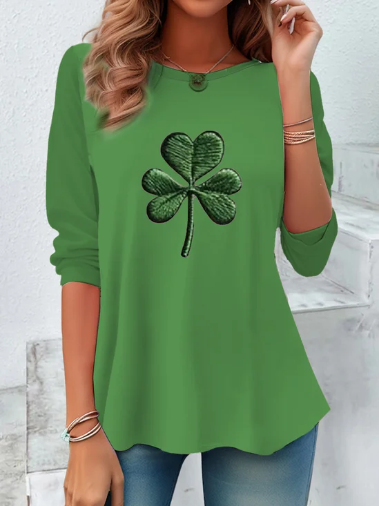 Women's Long Sleeve Tee T-shirt Spring/Fall Shamrock St Patrick's Day Floral Casual Graphic Tee Top