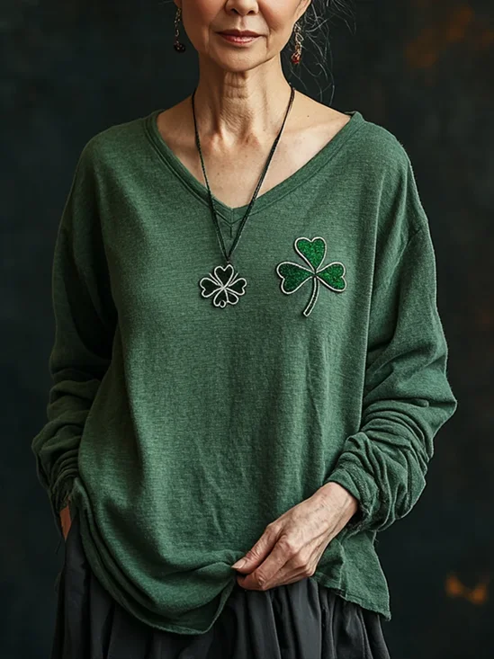 Women's Long Sleeve St Patrick's Day Floral Tee T-shirt Spring/Fall Shamrock V Neck Casual Graphic Tee Top