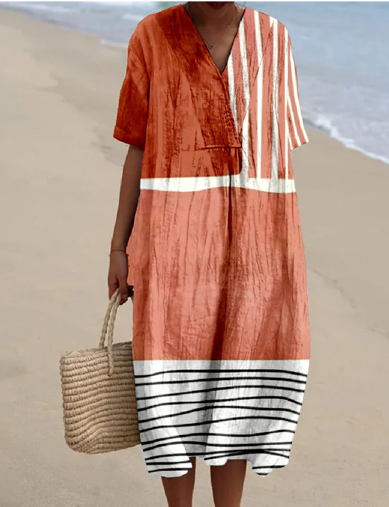 Women's Multicolor Block Short Sleeve Summer Dress V Neck Daily Vintage Maxi O-Line Dress