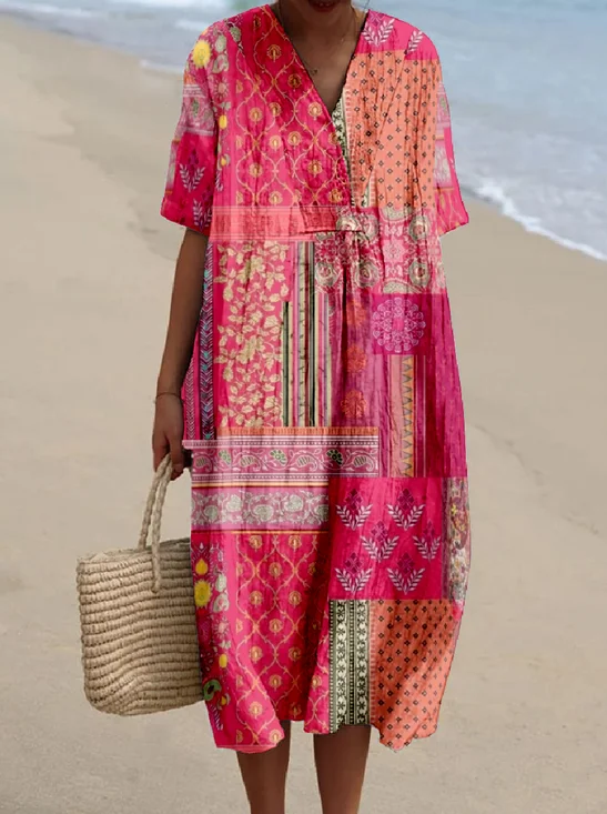 Women Multicolor Block Short Sleeve Summer Dress V Neck Daily Vintage Maxi O-Line Dress