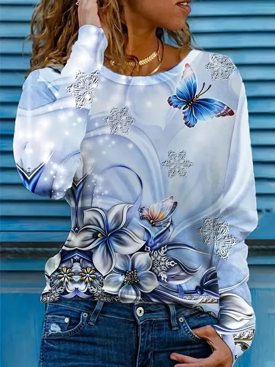 Women's Long Sleeve Tee T-shirt Spring/Fall Floral Printing Crew Neck Casual Graphic Tee Top