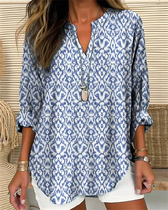 Women Abstract Graphic Long Sleeve Shirt Spring/Fall V Neck Daily Casual Top