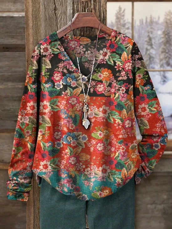 Women's Long Sleeve Tee T-shirt Spring/Fall Floral Printing V Neck Casual Graphic Tee Top