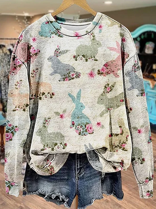 Women's Crew Neck Easter (rabbit) Printing Casual Spring/Fall Long Sleeve Sweatshirt