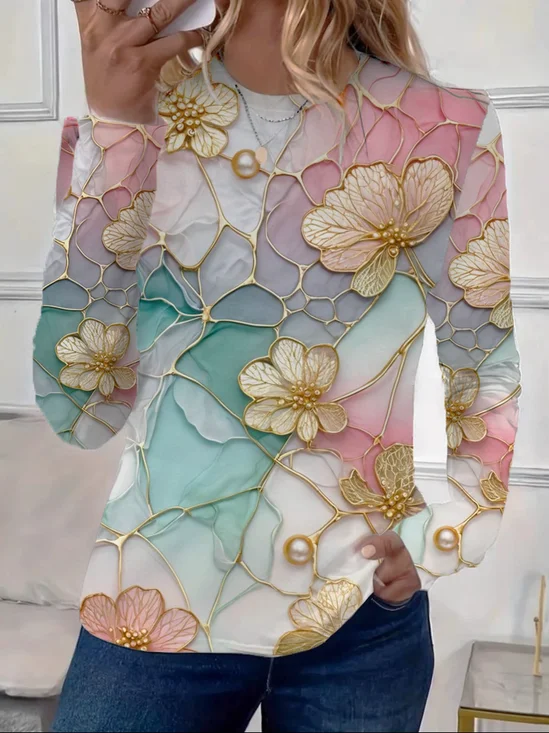 Women's Long Sleeve Tee T-shirt Spring/Fall Floral Printing Crew Neck Casual Graphic Tee Top