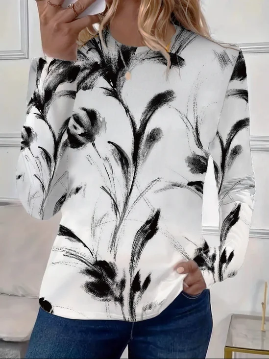 Women's Long Sleeve Tee T-shirt Spring/Fall Floral Printing Crew Neck Casual Graphic Tee Top