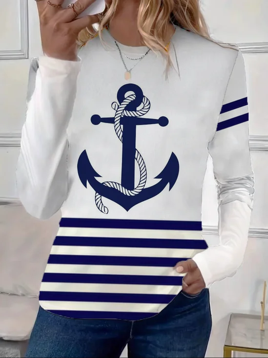 Women's Long Sleeve Tee T-shirt Spring/Fall Striped Printing Crew Neck Casual Graphic Tee Top