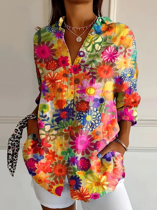 Women's Long Sleeve Shirt Spring/Fall Floral Buckle Shirt Collar Daily Going Out Casual Top