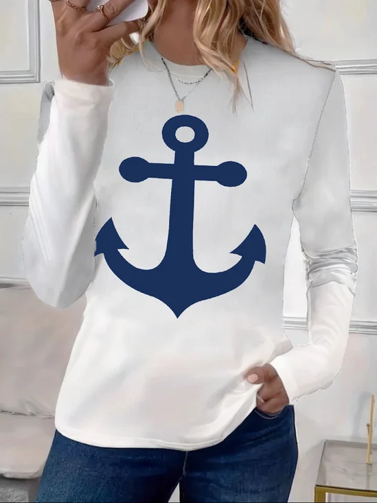 Women's Long Sleeve Tee T-shirt Spring/Fall Anchor Printing Crew Neck Casual Graphic Tee Top