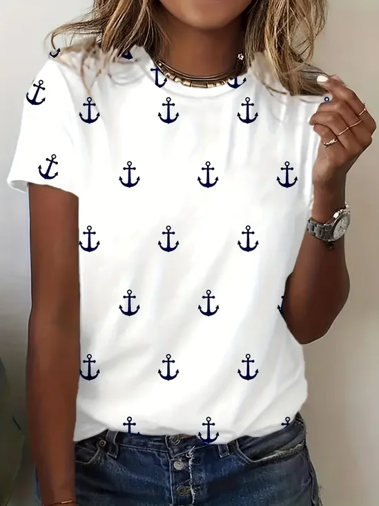 Women's Short Sleeve Tee T-shirt Summer Anchor Printing Crew Neck Casual Graphic Tee Top