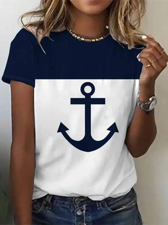 Women's Short Sleeve Tee T-shirt Summer Anchor Printing Crew Neck Casual Graphic Tee Top