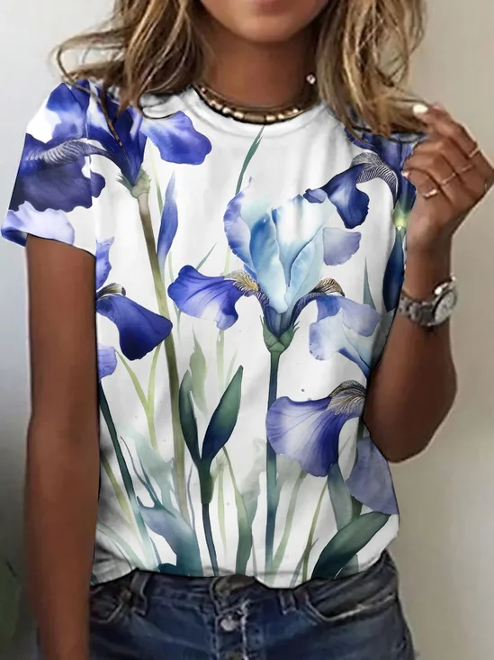 Women Floral Short Sleeve Tee T-shirt Crew Neck Casual Summer Top