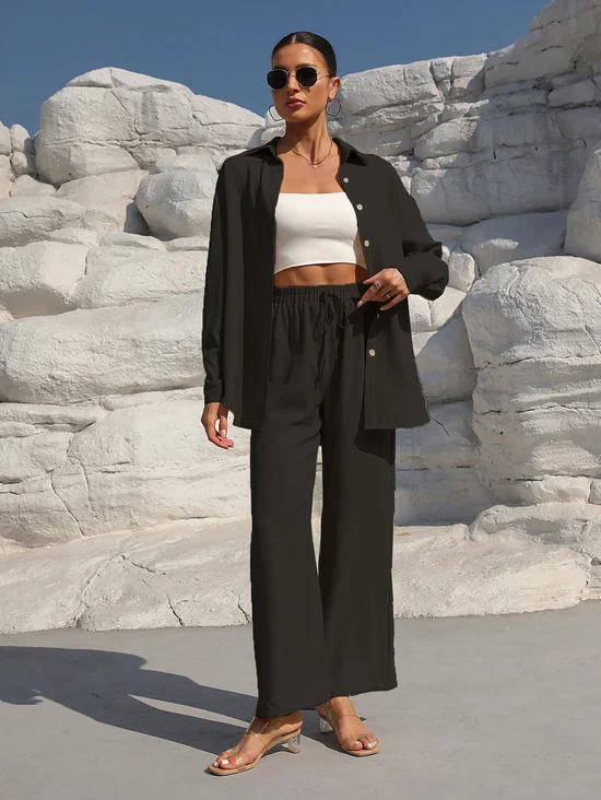 Women's Plain Two-Piece Set Daily Long Sleeve Casual Spring/Fall Top With Pants Matching Set