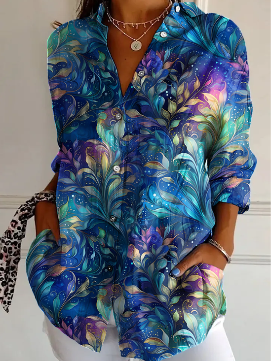 Women Floral Long Sleeve Shirt Spring/Fall Shirt Collar Daily Casual Top