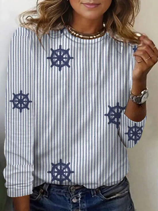 Women's Striped Long Sleeve Tee T-shirt Crew Neck Printing Casual Spring/Fall Graphic Tee Top
