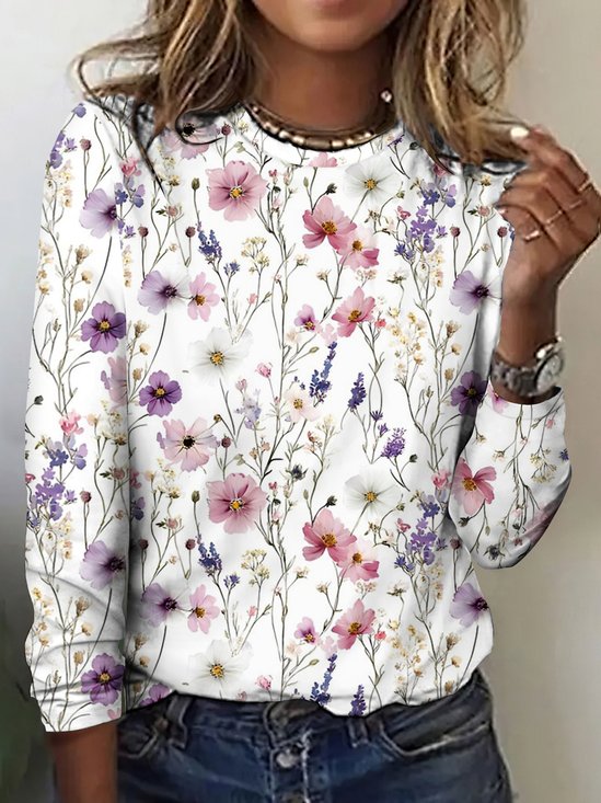 Women Floral Long Sleeve Tee T-shirt Crew Neck Casual Spring/Fall Top