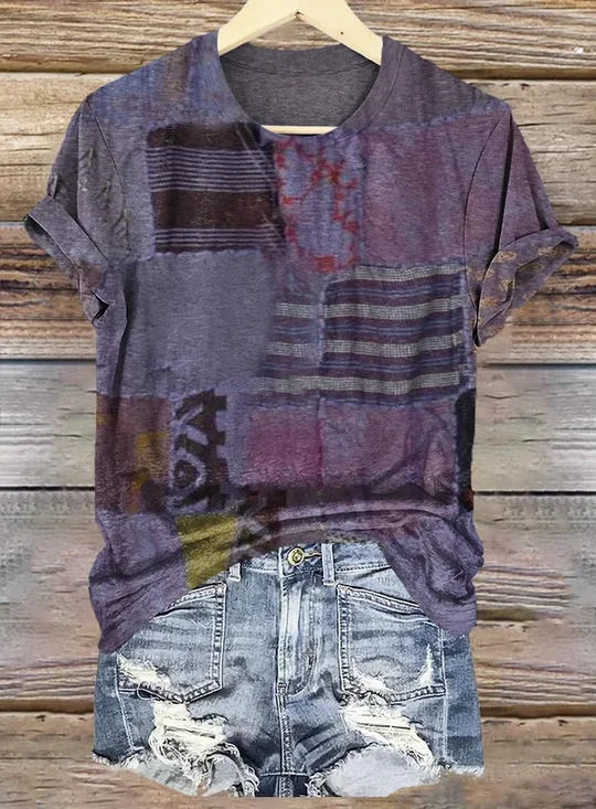Women's Geometric Short Sleeve Tee T-shirt Crew Neck Vintage Summer Top