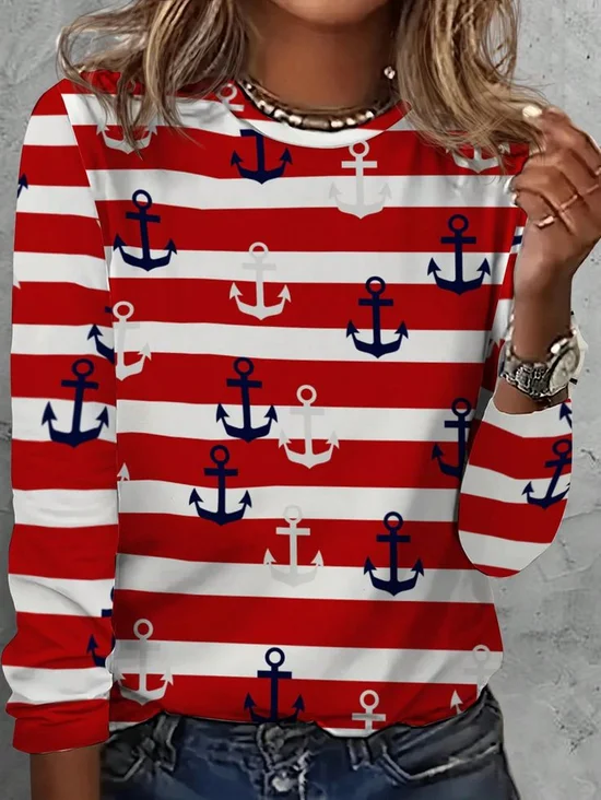 Women's Striped Long Sleeve Tee T-shirt Crew Neck Printing Casual Spring/Fall Graphic Tee Top