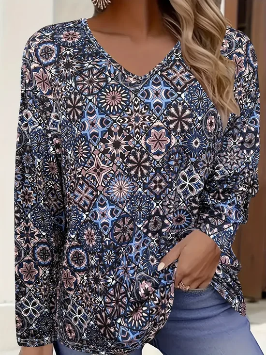 Women's Floral Long Sleeve Tee T-shirt V Neck Printing Casual Spring/Fall Graphic Tee Top