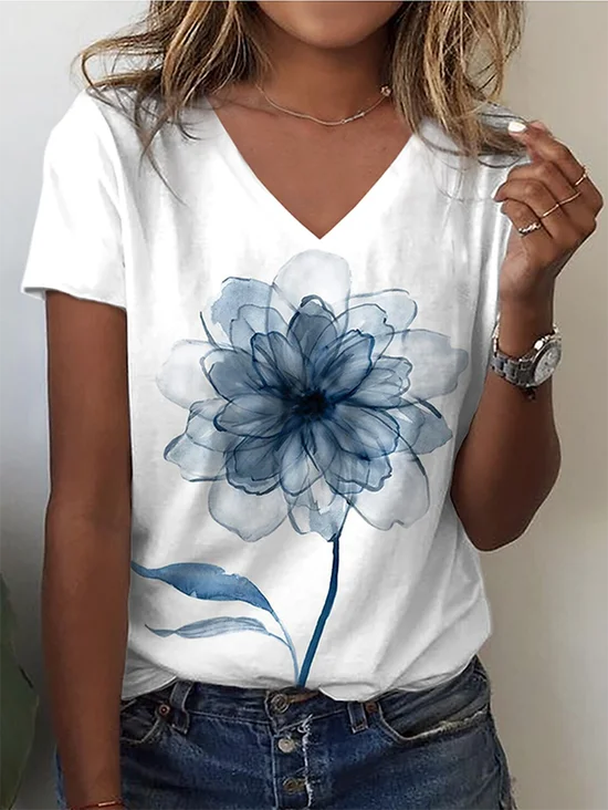 Women's Floral Short Sleeve Tee T-shirt V Neck Vintage Summer Top