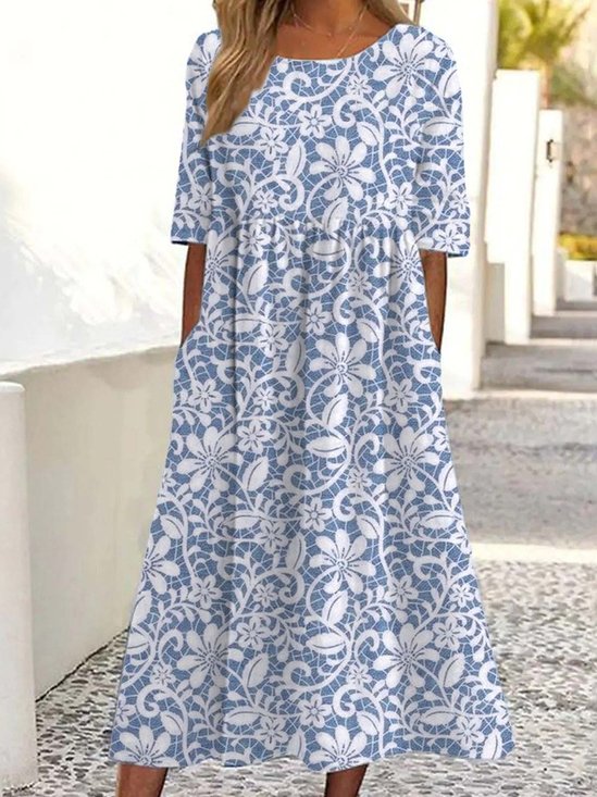 Women Floral Half Sleeve Summer Dress Crew Neck Daily Vintage Maxi Shirt Dress A-Line Dress