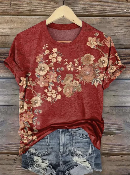 Women Floral Short Sleeve Tee T-shirt Crew Neck Casual Summer Top