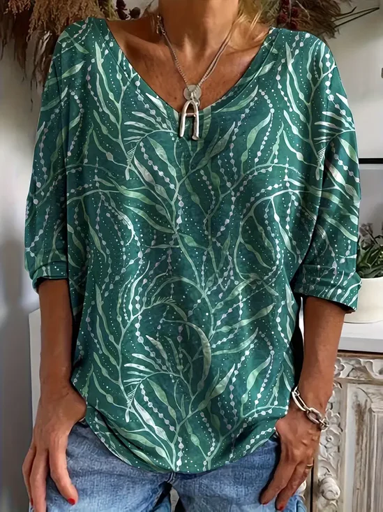 Women's Floral Long Sleeve Tee T-shirt V Neck Printing Casual Spring/Fall Graphic Tee Top