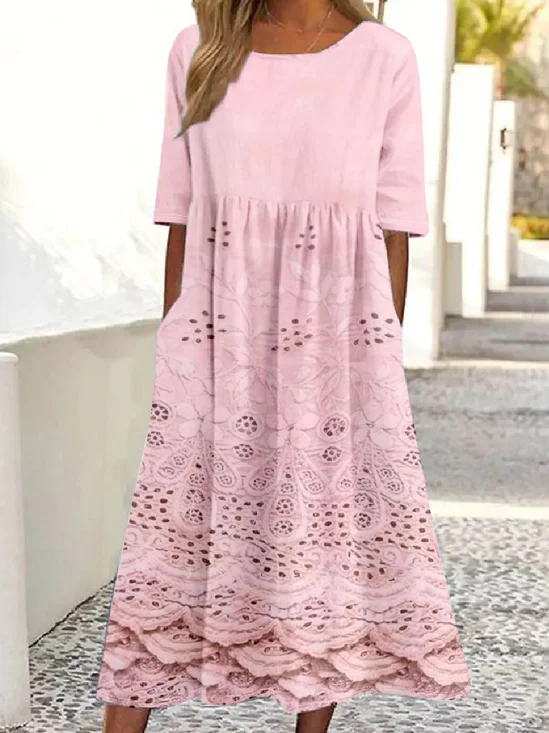 Women's Gradient Pattern Half Sleeve Summer Dress Crew Neck Daily Vintage Maxi Shirt Dress A-Line Dress