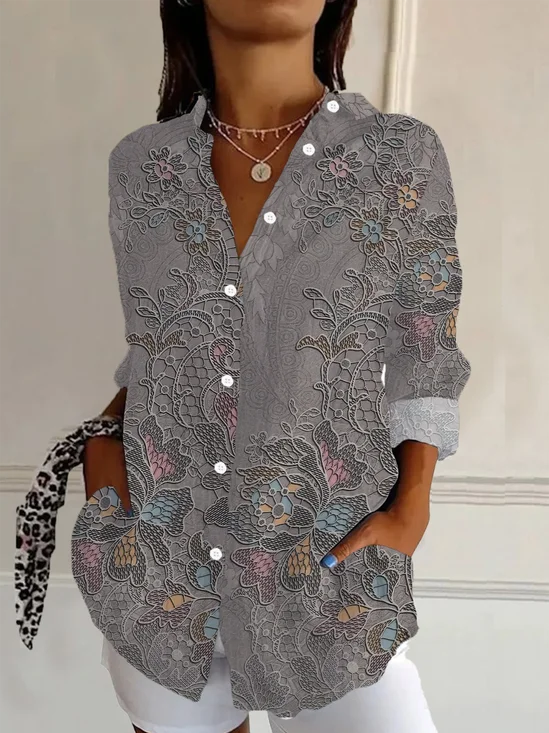 Women's Floral Long Sleeve Shirt Spring/Fall Buckle Shirt Collar Daily Casual Top