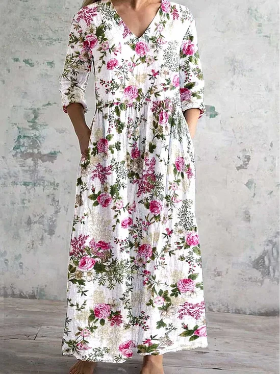 Women's Floral Long Sleeve Spring/Fall Printing Dress V Neck Daily Casual Maxi T-Shirt Dress A-Line Dress