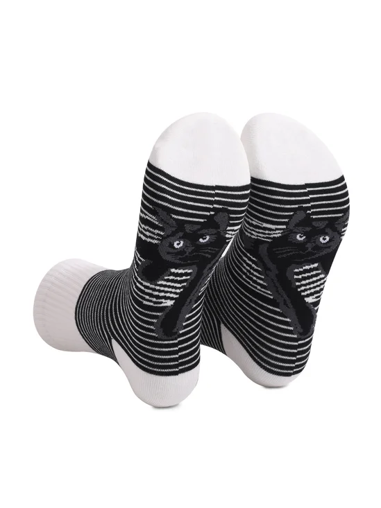 Black and white striped animal cat print mid tube socks