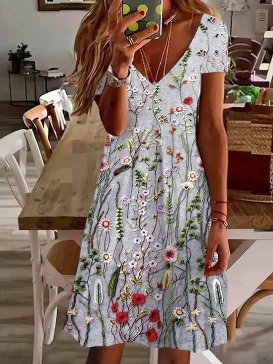 Women's Floral Short Sleeve Summer Printing Dress V Neck Daily Casual Knee Length T-Shirt Dress H-Line Dress