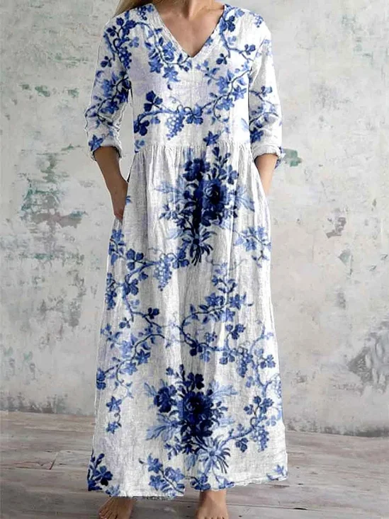 Women's Floral Long Sleeve Spring/Fall Printing Dress V Neck Daily Casual Maxi T-Shirt Dress A-Line Dress