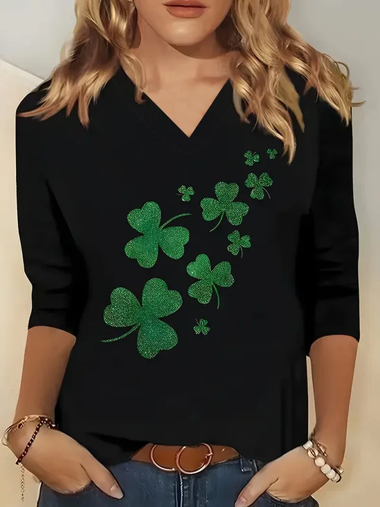Women's Long Sleeve Tee T-shirt Spring/Fall Shamrock St. Patrick's Day Floral V Neck Casual Top