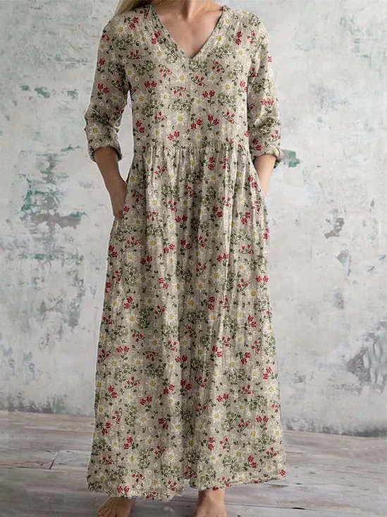Women's Floral Long Sleeve Spring/Fall Dress V Neck Daily Casual Maxi T-Shirt Dress A-Line Dress
