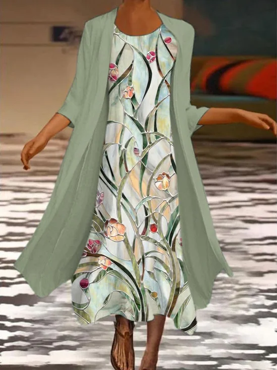 Women Floral Printing Two-Piece Set Daily Three Quarter Sleeve Casual Spring/Fall Dress With Coat Matching Set