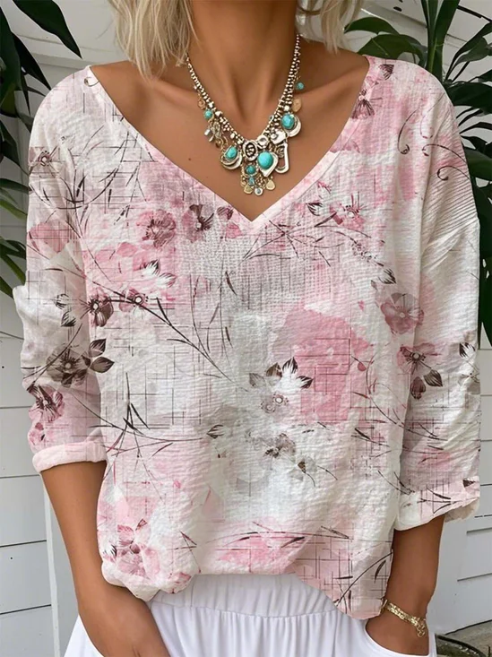 Women's Floral Long Sleeve Tee T-shirt V Neck Vintage Spring/Fall Top