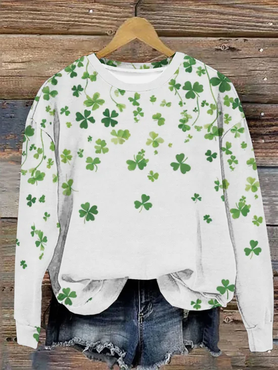 Women's St Patricks Day Shamrock Print Casual Long Sleeve Crew Neck Floral Sweatshirt