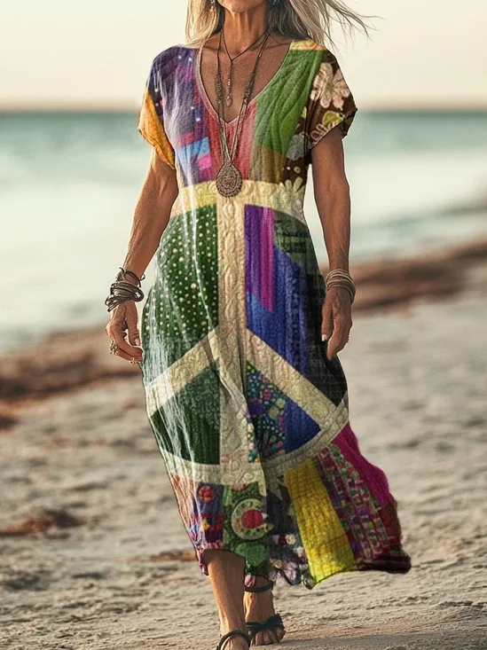 Women's Floral Short Sleeve Summer Printing Dress V Neck Daily Casual Maxi T-Shirt Dress H-Line Dress