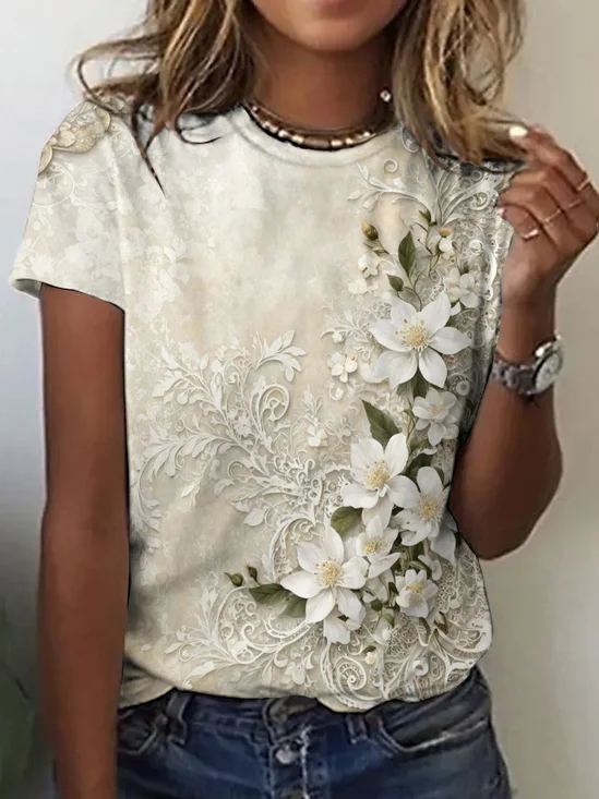 Women's Floral Short Sleeve Tee T-shirt Crew Neck Vintage Summer Top