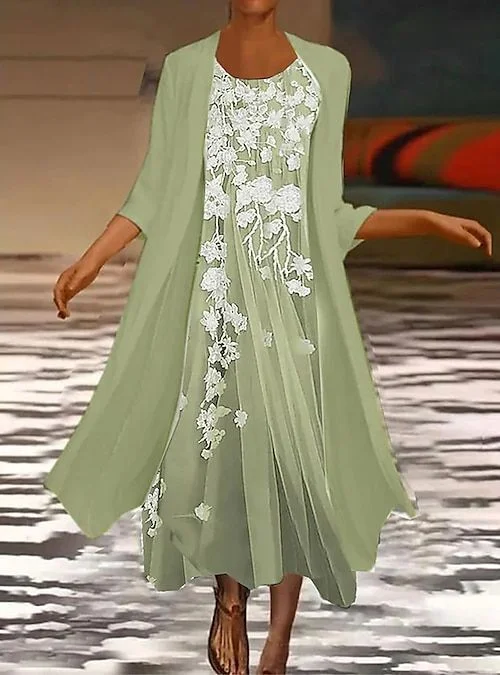 Women Floral Printing Two-Piece Set Daily Three Quarter Sleeve Casual Spring/Fall Dress With Coat Matching Set