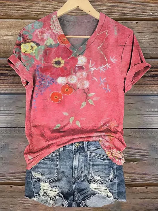 Women's Floral Short Sleeve Tee T-shirt V Neck Printing Casual Summer Graphic Tee Top