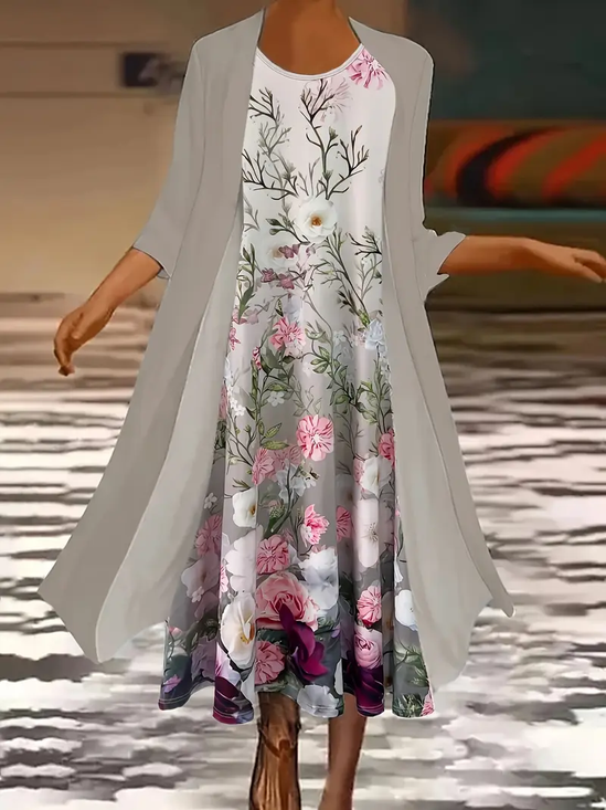 Women Floral Printing Two-Piece Set Daily Three Quarter Sleeve Casual Spring/Fall Dress With Coat Matching Set