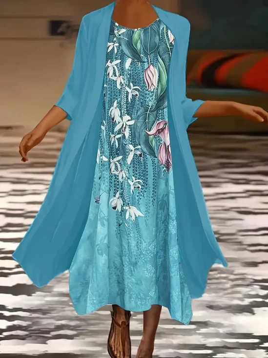 Women Floral Printing Two-Piece Set Daily Three Quarter Sleeve Casual Spring/Fall Dress With Coat Matching Set