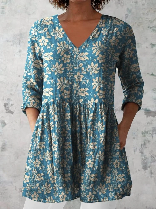 Women's Floral Half Sleeve Blouse_ Summer Printing V Neck Daily Casual Top