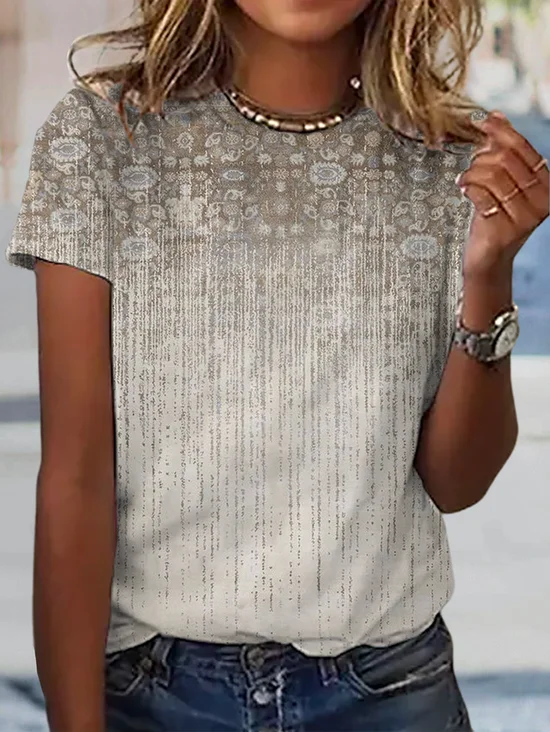 Women Gradient Pattern Short Sleeve Tee T-shirt Crew Neck Casual Summer Top
